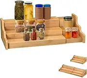 KITment Spice Rack Kitchen Cabinet Organiser, 3 Tier Bamboo Expandable Spice Storage Rack, Wooden Display Step Shelf for Cabinet, Cupboard, Countertop, Pantry