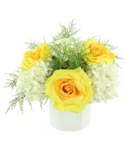 Creative Displays Yellow Roses, White Hydrangeas & Green Ferns Arranged In A Fiberstone Pot