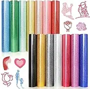 Glitter Heat Transfer Vinyl HTV - 14 Pack 12"x10" Iron On Vinyl for Cricut, Silhouette Cameo or Heat Press Machine, Easter Decorations for Shirts Dress, 14 Assorted Colors HTV Glitter Heat Press Vinyl