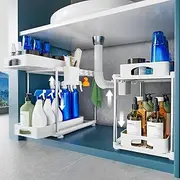 Arsline Under Sink Organisers and Storage, Double Sliding Kitchen Cabinet Organiser, 2 Tier Height Adjustable Countertop Organizer for Kitchen Bathroom Laundry, White