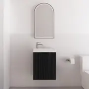 TOOLKISS 450*250*550mm Matt Black Wall Hung Mini Vanity – Fluted Style Bathroom Vanity with 1 Door & Polymarble Top – Elegant Storage Solution