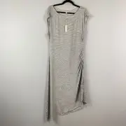 Max Studio Striped Asymmetric Midi Dress Size XL Black White Cap Sleeve Ruched