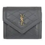 【YSL】金屬YSL字母LOGO菱格縫線羊皮三折扣式零錢短夾(深灰)