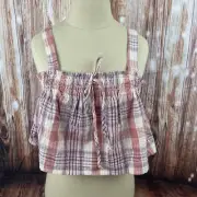 American Eagle Plaid Swing Cami Crop Top Pastel Peach Cotton Linen Blend Size S