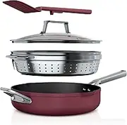 Ninja CW102RD Foodi NeverStick PossiblePan, Premium Set with 4-Quart Capacity Pan, Steamer/Strainer Basket, Glass Lid & Integrated Spatula, Nonstick, Durable & Oven Safe to 500°F, Cherry Tart