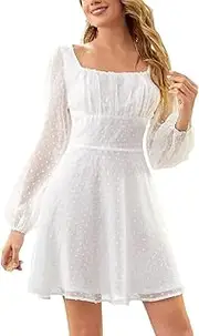 [Generic] Women's Polka Dots Square Neck A line Long Sleeve Swiss Dots Mini Dress