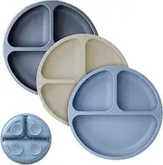 XMHYB Baby Plates with Suction - Silicone Baby Suction Plates for Toddler Kids Self Feeding - Weaning Plates for High Chair Tray - Unbreakable, Portable, Non Slip (Dark Blue/Grey/Grey Blue)