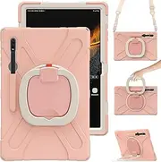 Heavy Duty Case for Galaxy Tab S9 Plus 12.4 Inch 2023 Model (SM-X810/X816/X818),with S Pen Holder, Shockproof Kids Case with 360 Rotating Stand/Shoulder Strap (Light Pink)