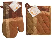 Potholder and Oven Mitt Set Jacquard Print Brown Gold Pattern Housewarming