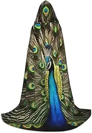 SKKNT Peacock Feather Print Halloween Hooded Cloak Full Length Cape With Hood For Men And Women For Carnival