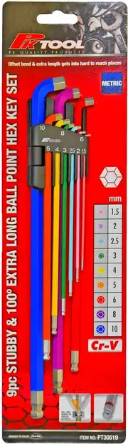 PKTool PT30519 - Hex Key Set - Stubby Head & 100 deg Extra Long Ball Point - 9 Piece