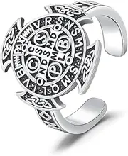 [YueYuan] Saint Benedict Ring 925 Sterling Silver Adjustable Religious Cross Ring for Men and Women, Sterling Silver, No Gemstone