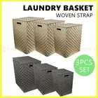 3pcs Woven Strap Laundry Basket Hamper Storage Clothes Washing Bin with Lid