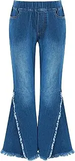 [TiaoBug] Kids Girls Crisscross Ripped Bell-Bottom Denim Pants Elastic Waist Wide Leg Denim Jeans Trousers