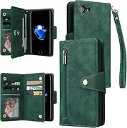 YocoverTech for iPhone 7/8 Case,for iPhone SE 2020/iPhone SE 5G 3rd Gen Wallet Case[6 Card Slots and 1 Zipper Coin Pocket] PU Leather Stand Flip Cover with Wrist Strap[4.7 inch]-Green