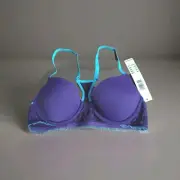 DKNY Signature Lace T-Back Underwire Bra Style 458209 Purple & Teal Size 32B NWT