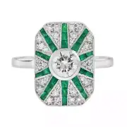 Art Deco Style Lab-Created Diamond Emerald Party Wear Ring 14K White Gold FN