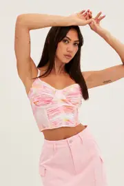 Print Abstract Print Crop Cami Sleeveless Sweetheart Corset Mesh - Size S, Women's Singlet