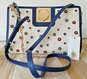 TORY BURCH MARGUERITE TURN-LOCK CLUTCH/SHOULDER BAG CANVAS NAVY/LEATHER+DUSTER