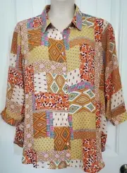 NWT Rose & Olive Abstract Patchwork Gorgeous Button Up Collared Blouse Plus 2X