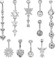 [BDSHUNBF] 10 Pcs Belly Button Bars Belly Bars Set, Belly Button Rings Belly Button Piercing, Barbell Navel Bars Piercing Jewelry, Flower Butterfly Dangly Belly Button Bars, Navel Bars Set for Women,