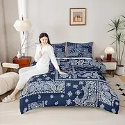 Manfei Boho Paisley Comforter Set Queen Size, Jacquard Paisley Flower Bedding Set 3pcs, Navy Blue and White Floral Print Down Comforter, Teens Women Adults Room Decor, 2 Pillowcases, No Sheets