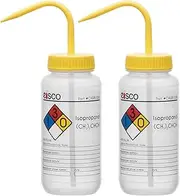 EISCO 2PK Wash Bottle for Isopropanol, 500ml - Labeled with Color Coded Chemical & Safety Information (4 Colors) - Wide Mouth, Self Venting, Low Density Polyethylene Labs