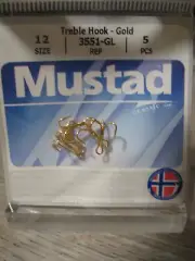 5 Mustad Treble Fish Hooks / 3551-GL Size 12 Gold Finish