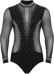 [Loodgao] Men Sparkly Rhinestone Salsa Rumba Tango Latin Dance Leotard Shirt Ballroom Dance Bodysuit Dancewear