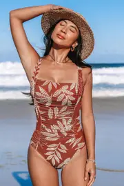 Cupshe Dotted Line Leaf Square Neck Tummy Control One-Piece - Brick,M