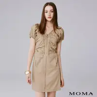 在飛比找momo購物網優惠-【MOMA】優雅緞面V領抽皺洋裝(杏色)