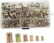 JUMPLAWN 150pcs Flat Head Insert Nut Plated Zinc Nut Riveted Nuts Assortment Storage Box