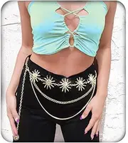[Tornito] Metal Waist Chain Gold Chain Belt Chunky Belly Link Chain Moon Double O Ring Sunflower Body Chain Jewelry for Women Dresses Adjustable