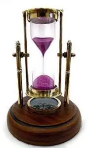 Antique Brass Sand Timer with Compass on Wooden Base Hourglass 2 minutes