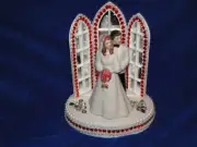 New Chapel Church Mirrored Windows Cake topper with Bride & Groom & Red Decor