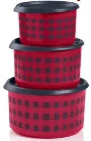 Tupperware Red Buffalo Plaid Stacking Canister 3 Pc Set