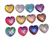 100 Mixed Colour AB Flatback Resin Fish Scale Pattern Heart Cabochon 12mm