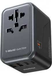 1-World 70W GaN Universal Travel UK EU AU US Multi Plug Adapter ~ Black