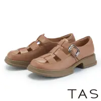 在飛比找momo購物網優惠-【TAS】寬帶魚骨編織真皮厚底鞋(棕色)