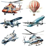 RW-JDFX Removable Cartoon Watercolor Airplane Wall Decals DIY Peel and Stick Helicopter Jet Aircraft and Hot Air Ballon Wall Stickers Motorized Flight Wall Decor for Boys Baby Bedroom Nursery