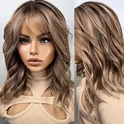 Brazilian Remy Human Hair 5x5 Closure Glueless Wigs 13x4 Lace Front Wig With Bangs Highlighted Wavy Ash Blonde Brown Human Hair Wigs 150% 180% Density with Bab