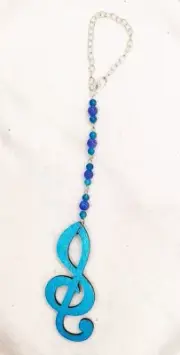Wooden Music Treble Clef and Blue Kyanite Gemstone Rear View Mirror Car Charm