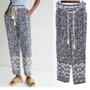 $118 MSRP Anthropologie Ollari Pants Women's Large Mixed Print Tasseled Tapered
