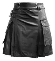 MENS BLACK LEATHER GLADIATOR PLEATED KILT FLAT FRONT WITH TWIN POCKETS