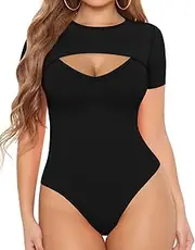 [Ｗoowayo] Women's Cutout Front T Shirt Short Sleeve Bodysuit Jumpsuits (Short Sleeve Black, Large)