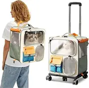 Pet Carrier Backpack with Wheels,Rolling Cat Backpack with Breathable Mesh for Small Cats and Dogs,Pet Carrier with Universal Wheels for Travel,Beige Green