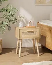 Aienvey Bedroom Nightstands Wooden Night Stands with Rattan Weaving Drawer Home Bedside End Table for Bedroom Storage (Bohemian)