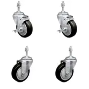 4 Inch SS Black Polyurethane Swivel 3/8 Inch Threaded Stem Caster Set 2 Brakes