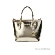 Michael Kors Jet Set Pale Gold Metallic XS Carryall Top Zip Tote Bag Purse