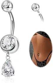 [Vegolita] G23 Titanium Dangle Belly Ring for Women Hypoallergenic Teardrop Dangling Belly Button Ring Internally Threaded Curved Dangly Navel Ring Shiny CZ Belly Piercing Jewelry 6/8/10/12/14/16mm
